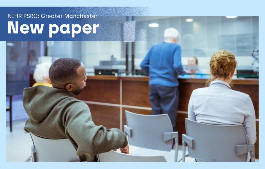 NIHR GM PSRC – Major gaps in follow-up care after acute kidney injury People seated in a hospital waiting area facing a reception desk. One person stands at the counter speaking with reception staff while others wait in chairs. The image includes the text “NIHR PSRC: Greater Manchester” and “New paper” in the top left corner.